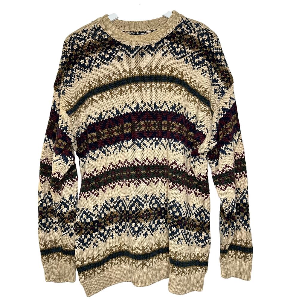 Aeropostale Mens Knit Sweater Vtg Large Pullover Brown Fair‎ Isle Chunky Grandpa